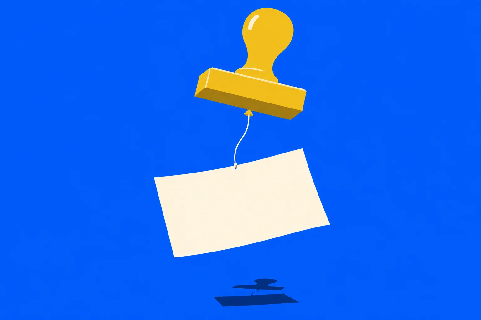 A golden stamp floats like a balloon against a bright blue background, with a blank cream tag hanging from a white string and a shadow below.