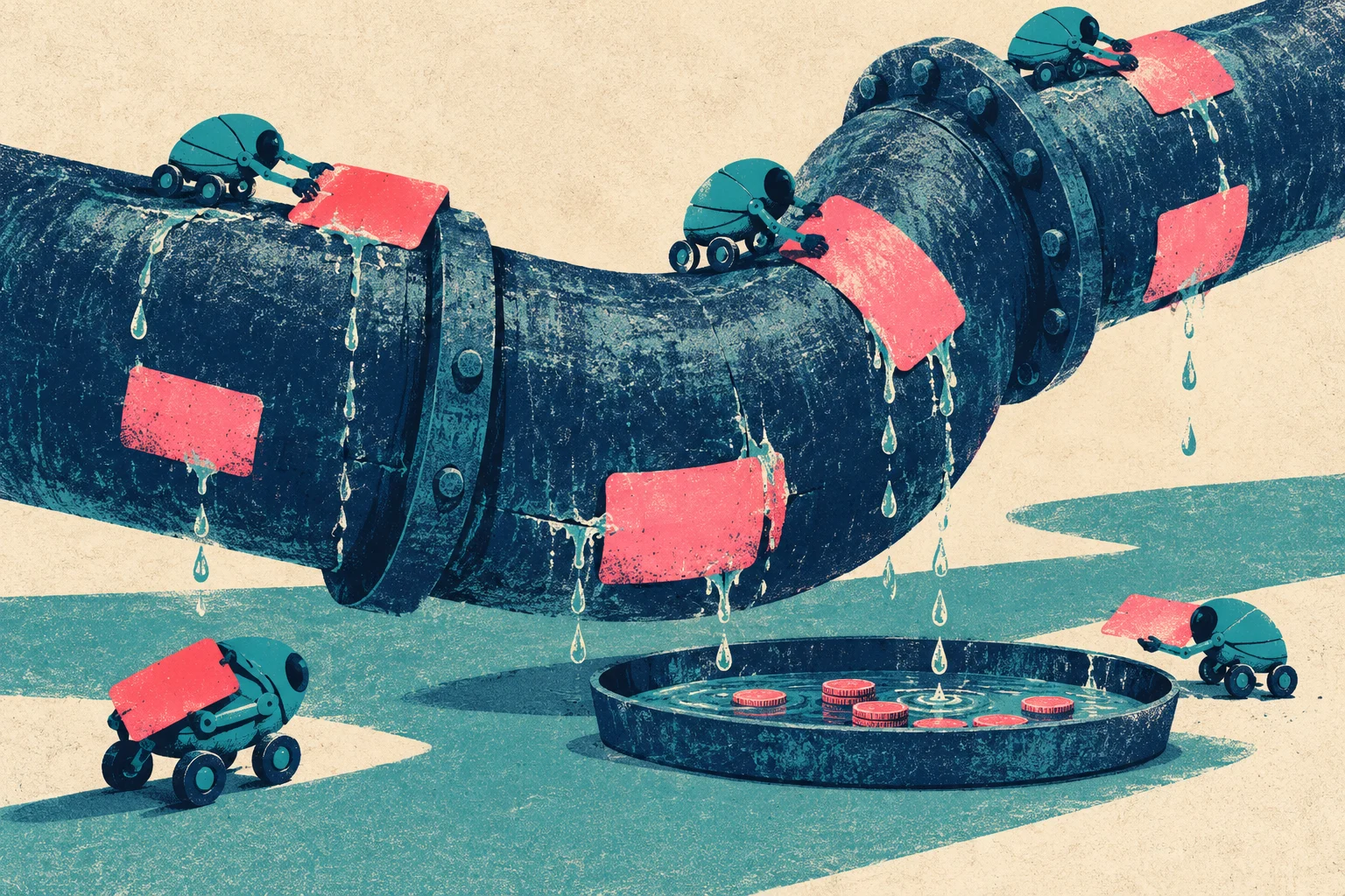 Small teal robots apply pink patches to a large leaking pipe while water drips into a shallow tray containing pink coins.