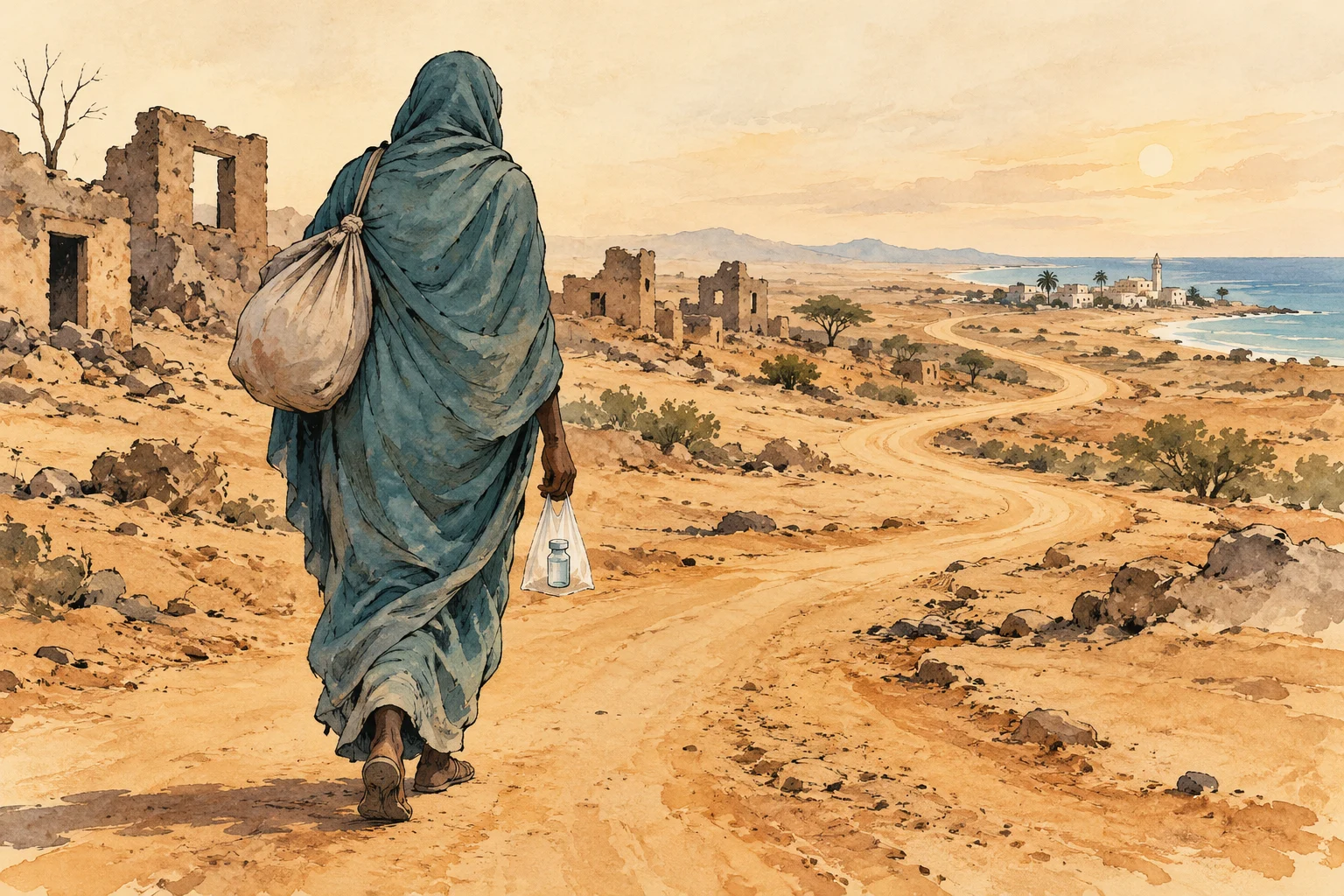 A cloaked traveler carrying a sack and a small bag walks along a winding desert road past ruined buildings toward a seaside village.