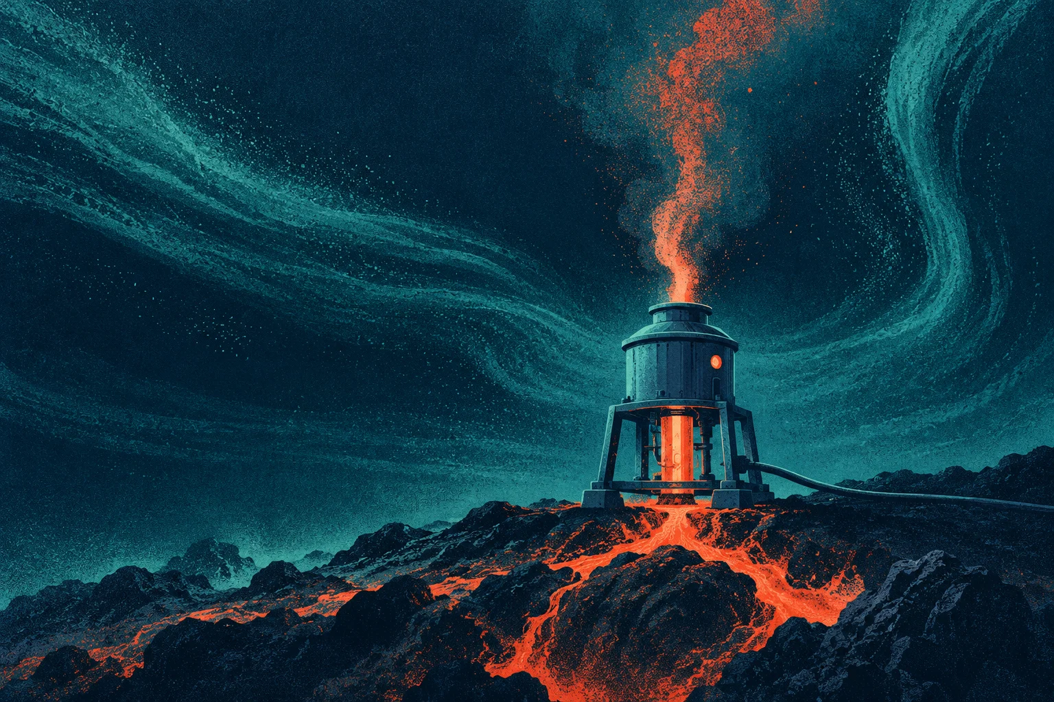 A cylindrical industrial machine glows orange amid flowing lava and dark volcanic rocks, releasing a fiery plume beneath swirling teal clouds.