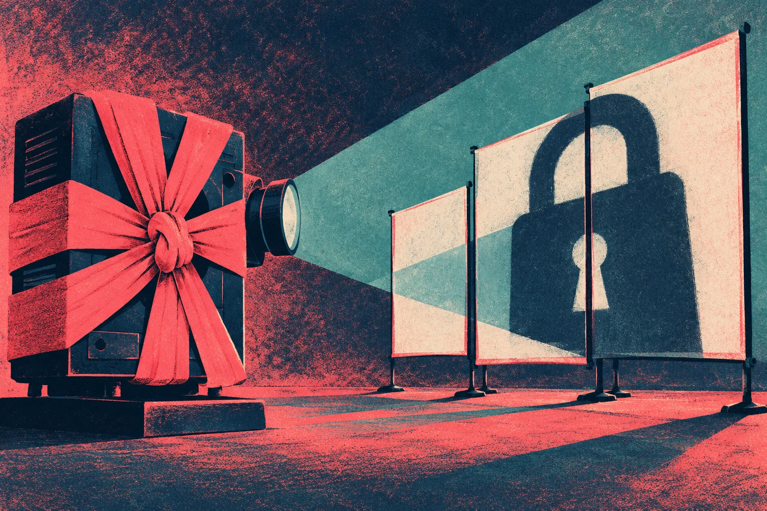 A vintage projector wrapped in red ribbons casts a large padlock silhouette across three screens in a textured red, teal, and navy room.