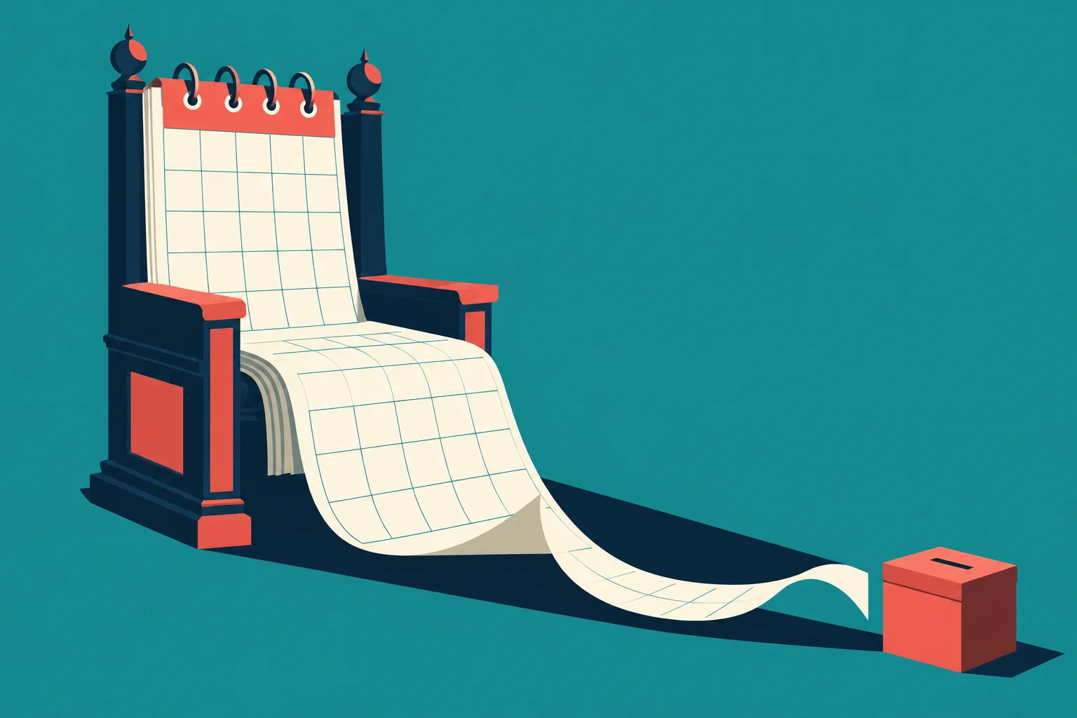 A throne holds a long blank calendar that unrolls across the floor toward a red ballot box against a teal background.