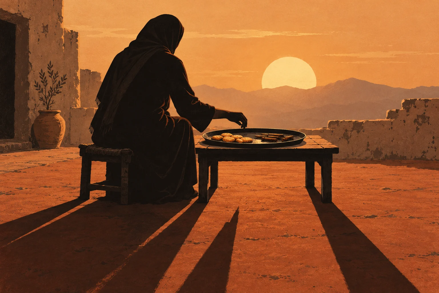 A dark-robed figure sits at a low table with pastries and ammunition on a tray, overlooking desert mountains at sunset amid weathered adobe walls.
