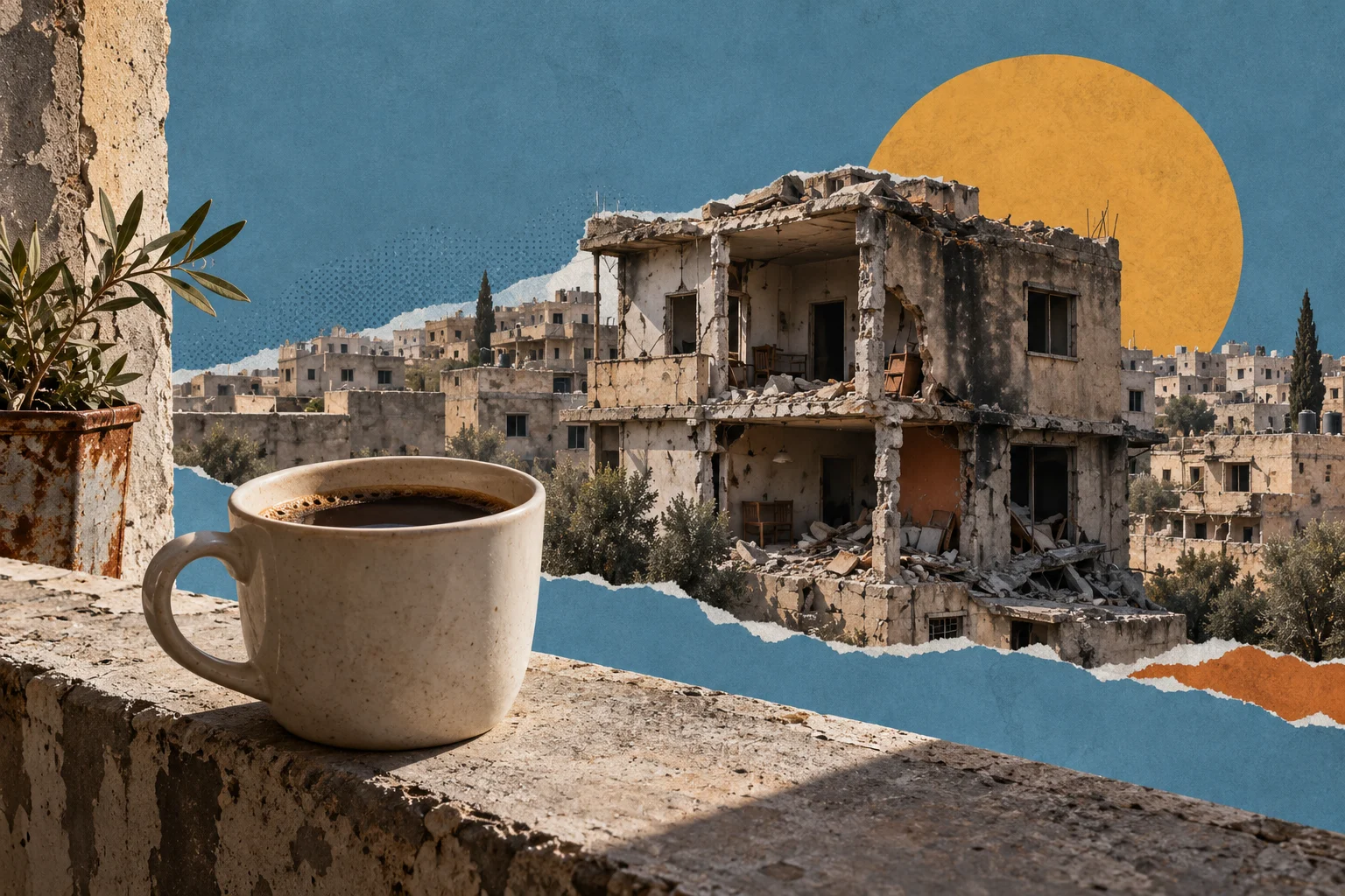 A coffee cup and potted plant sit on a stone ledge overlooking damaged buildings, framed by blue torn-paper textures and a large yellow sun.