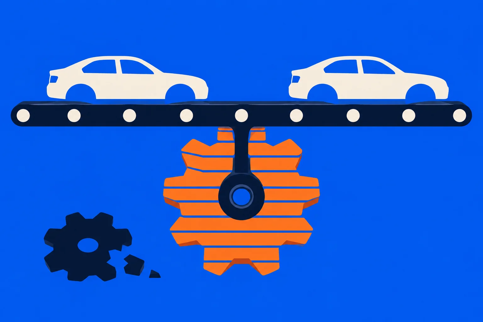 Two white cars sit on a dark conveyor belt above a large orange gear, with a broken dark gear below against a blue background.
