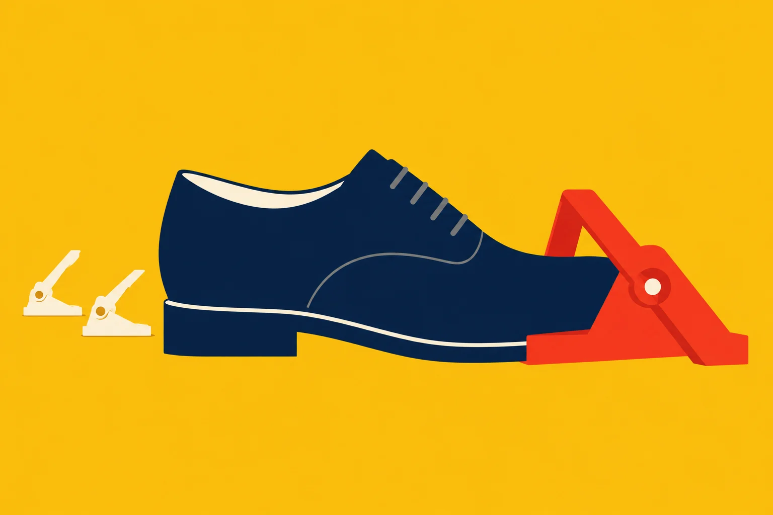 A navy blue dress shoe is held at the toe by a large red clamp, with two small cream clamps nearby against a yellow background.