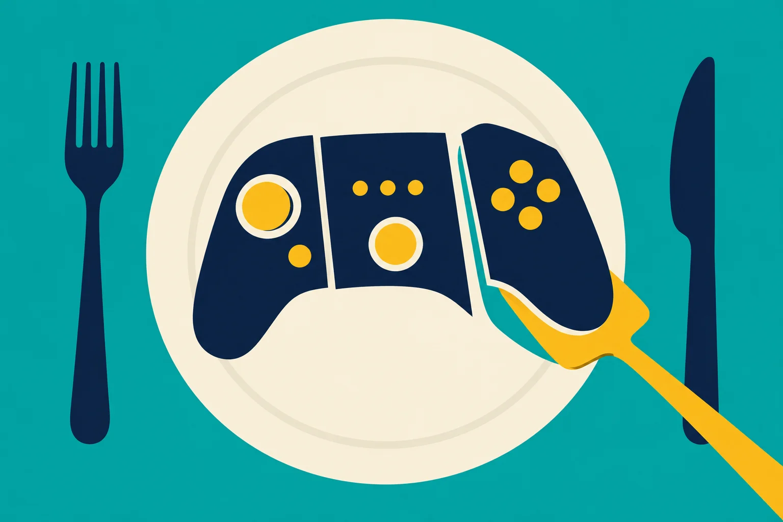 A game controller cut into portions rests on a cream plate, with a yellow spatula lifting one piece and navy cutlery on a teal background.