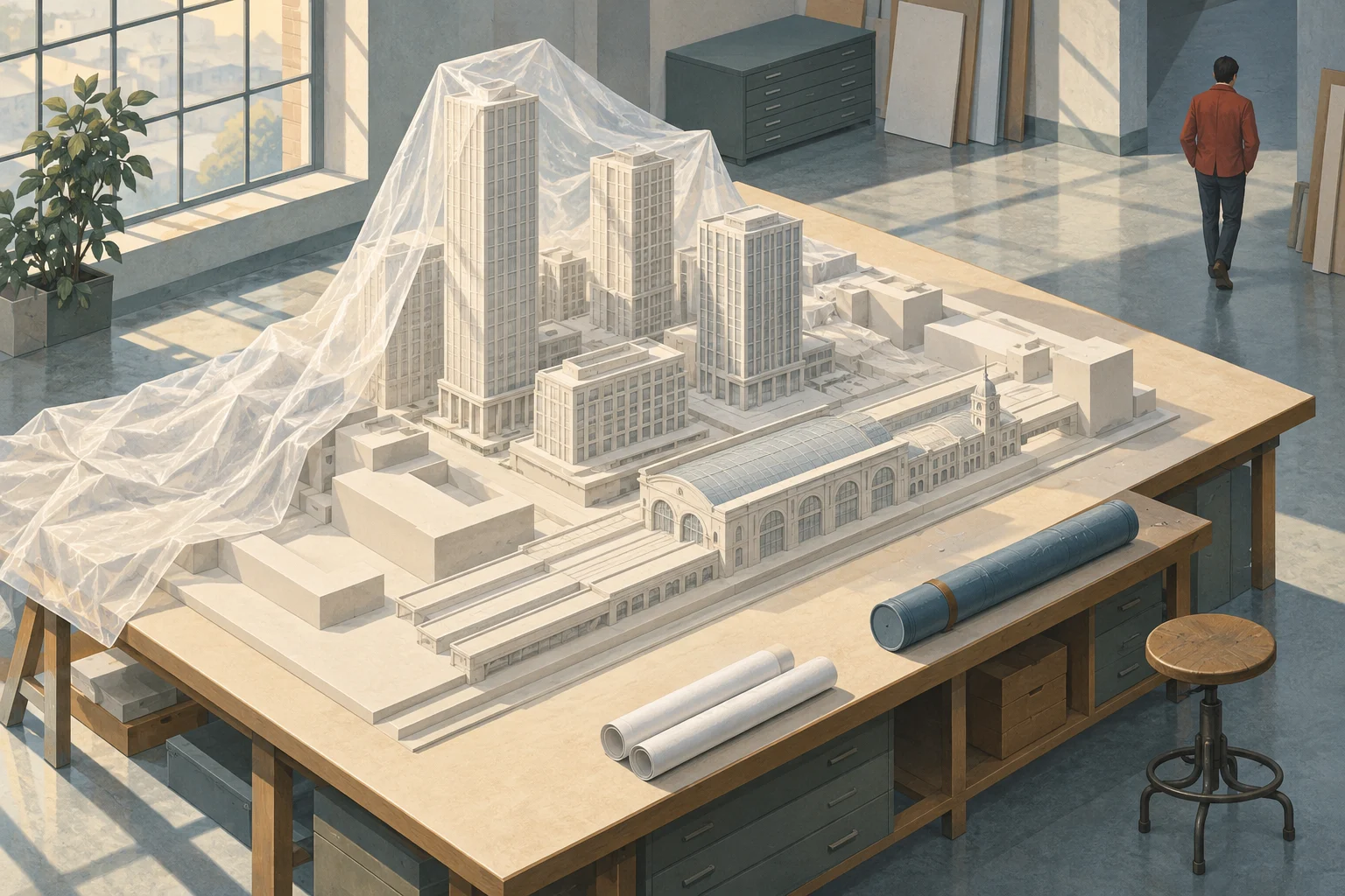 A sunlit architecture studio contains a detailed city model partly covered in translucent plastic, rolled plans, a stool, and a person walking away.