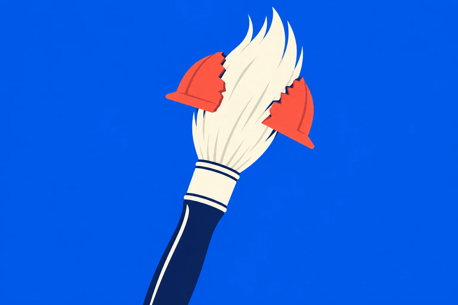 A paintbrush with cream bristles and a dark blue handle breaks through a red hard hat against a bright blue background.