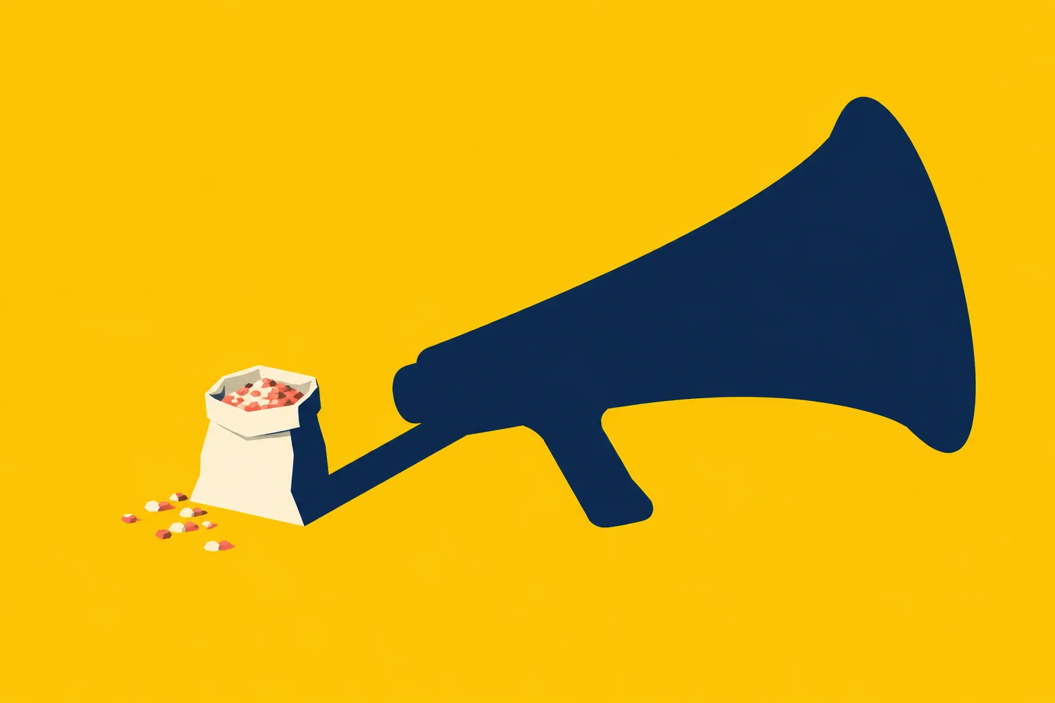 A small bag of popcorn casts a large, dark blue shadow shaped like a megaphone against a bright yellow background.