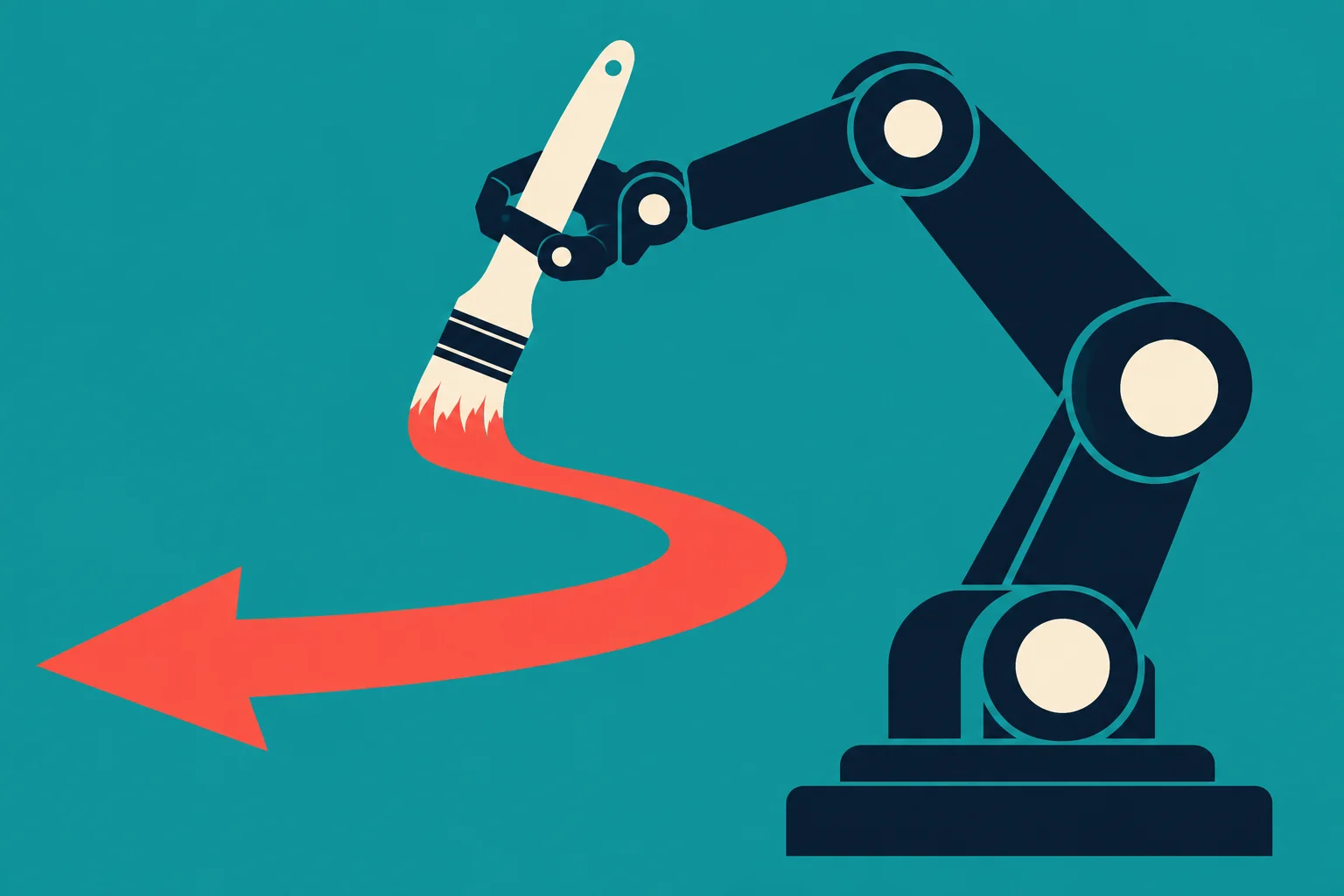 A robotic arm holds a paintbrush painting a broad, curved red arrow pointing left against a teal background.