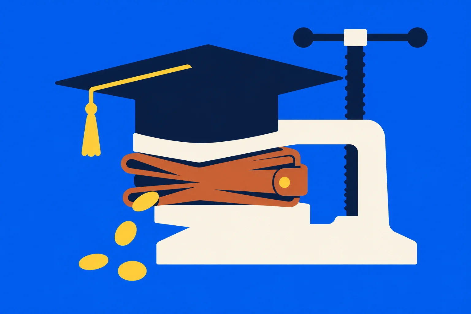 A press squeezes a wallet beneath a graduation cap, spilling gold coins against a bright blue background.