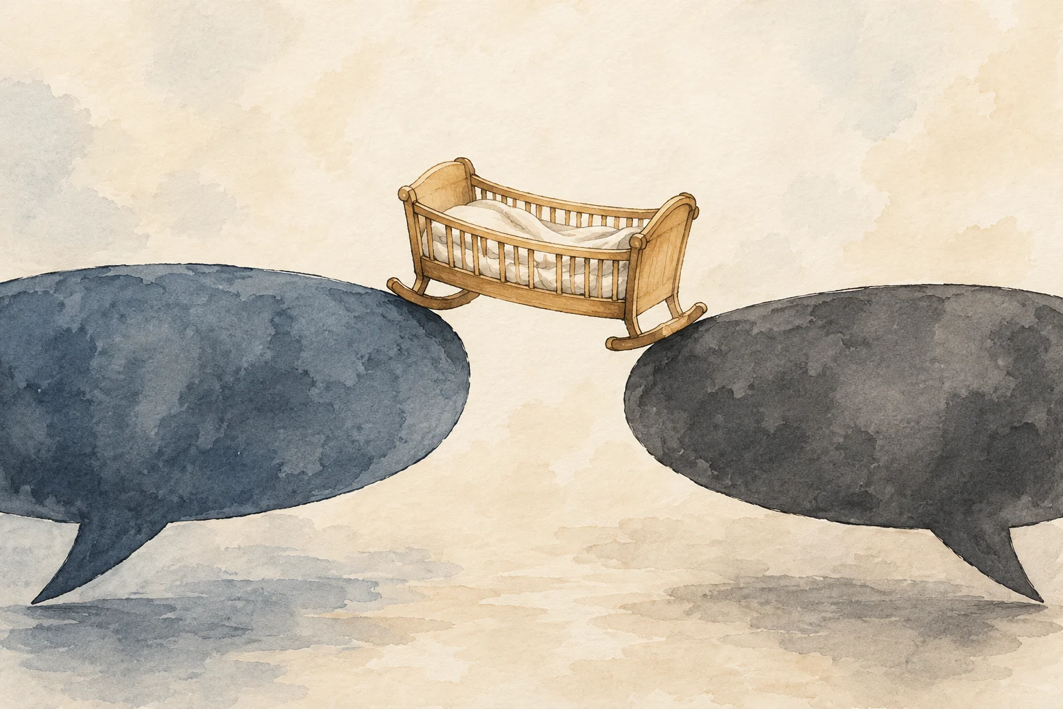 A wooden cradle with white bedding bridges the gap between two large, empty speech bubbles, one blue and one dark gray, in a watercolor illustration.