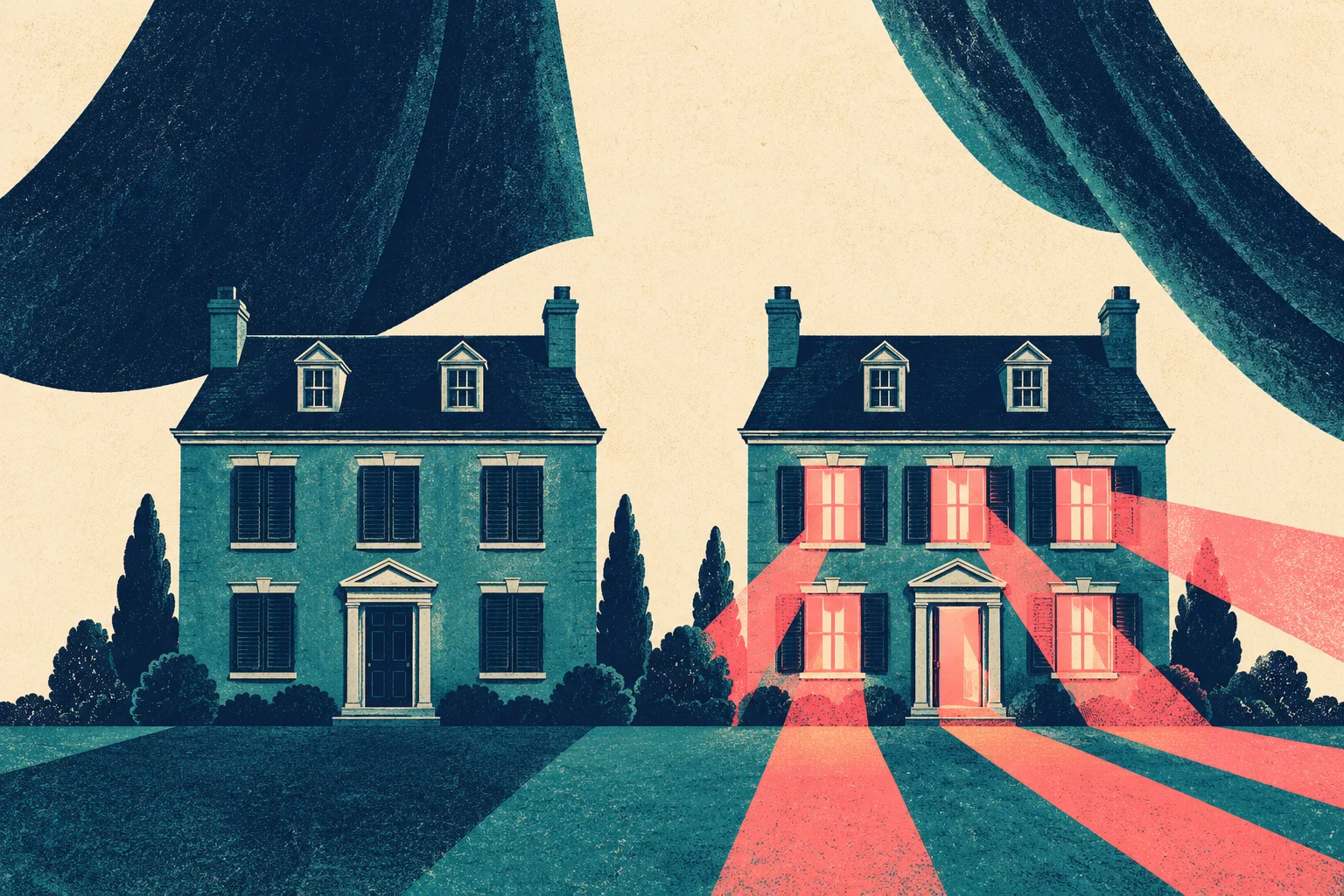 Two teal houses stand beneath dark curtains, with one house dark and the other casting bright coral light through its windows and doorway.