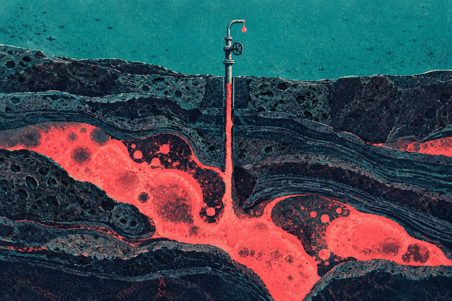 A pipe with a valve rises from layered dark rock, drawing glowing red liquid from underground pools and releasing a single drop against a teal sky.