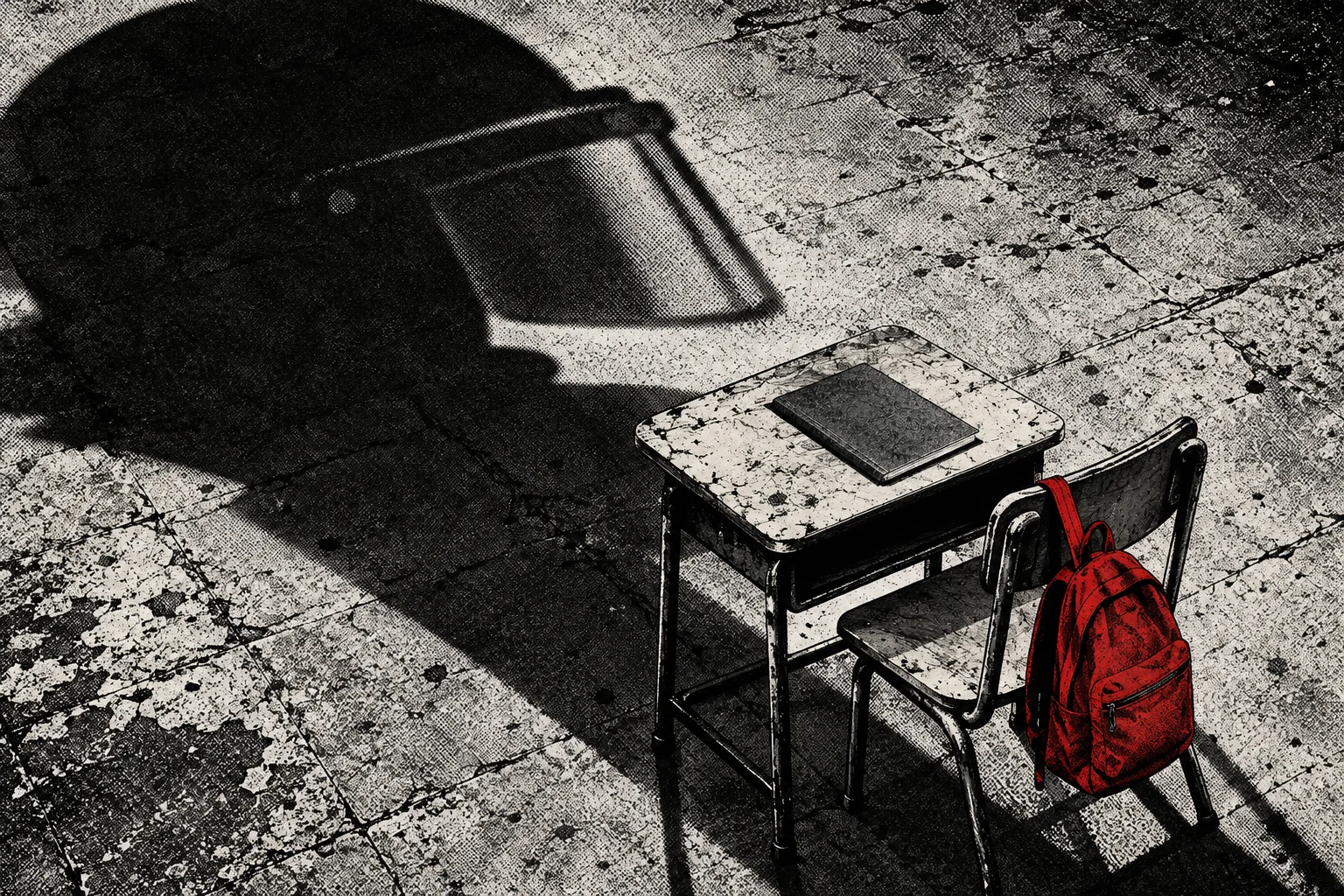 A red backpack hangs from a school chair beside a desk and closed book, while a large helmeted figure’s shadow stretches across the cracked floor.