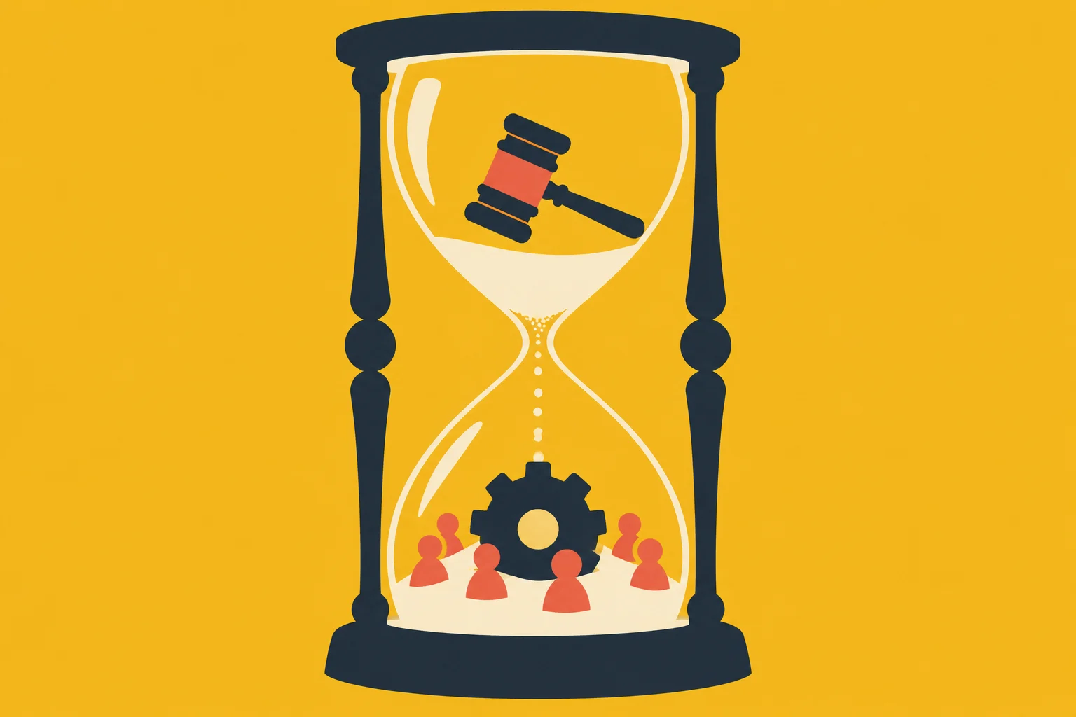 An hourglass on a yellow background contains a judge’s gavel above falling sand and a gear surrounded by six people below.
