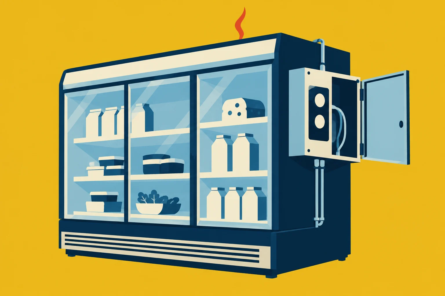 A stylized refrigerated display cabinet holds milk cartons, cheese, and food containers, with an open electrical control box on its side against a yellow background.