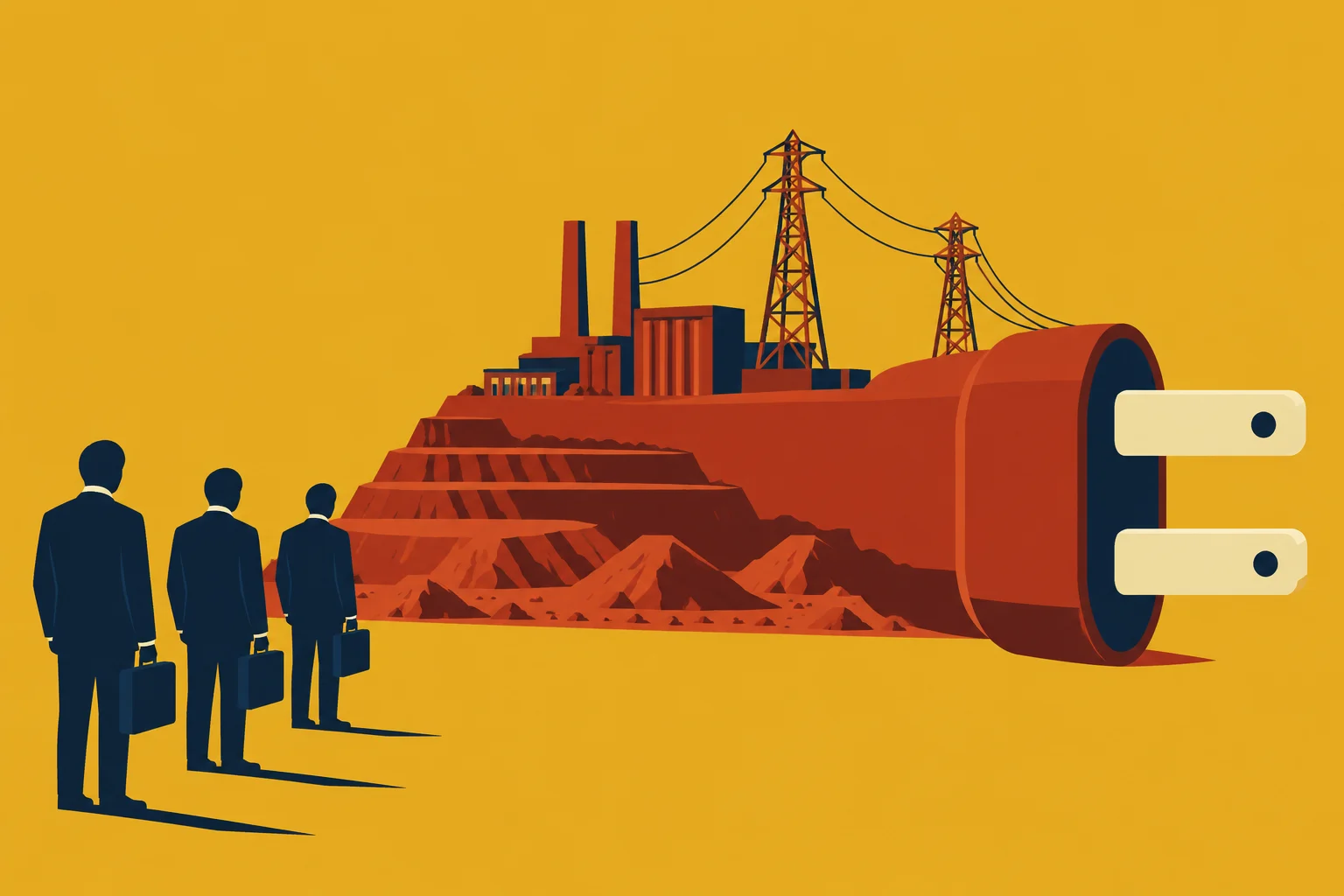 Three businesspeople carrying briefcases face a giant electrical plug containing an open-pit mine, a factory, and power transmission towers against a yellow background.