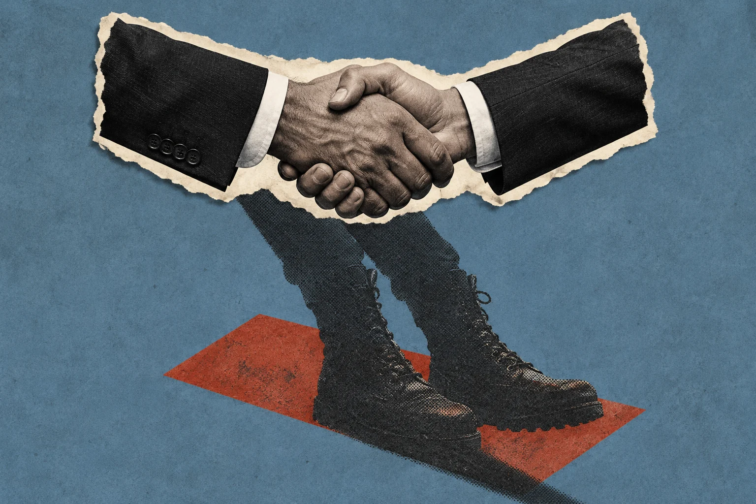 A vintage-style collage shows suited arms shaking hands above black combat boots standing on a red strip against a textured blue background.