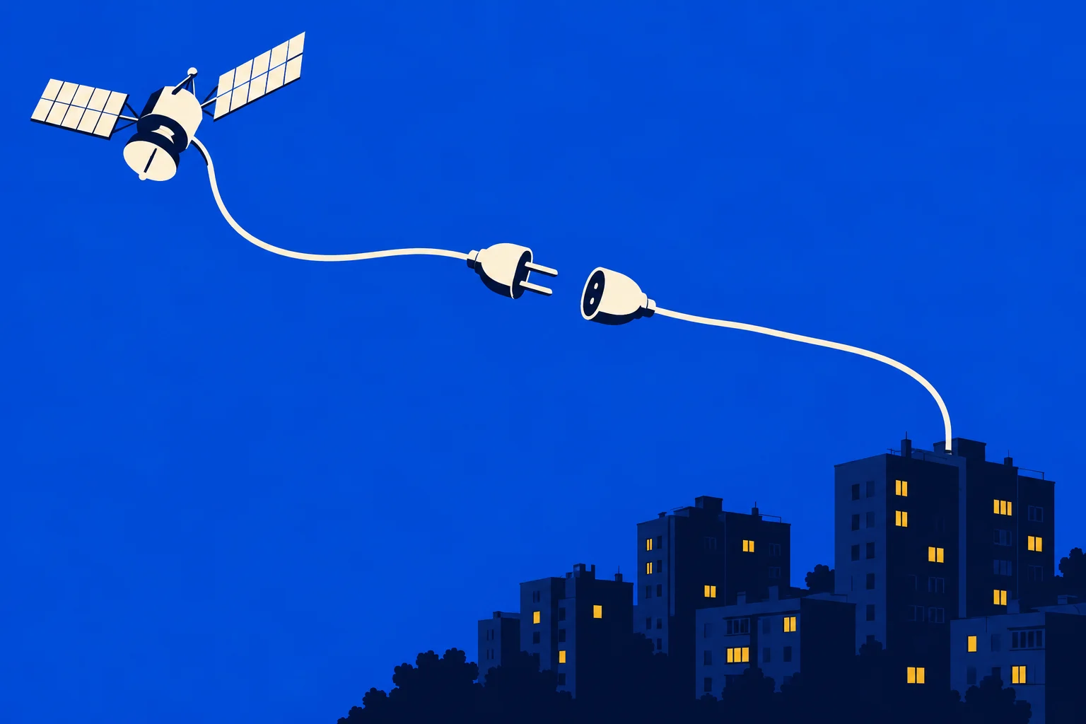 A satellite and apartment buildings connect through a long electrical cable with an unplugged connection in the middle against a blue night sky.
