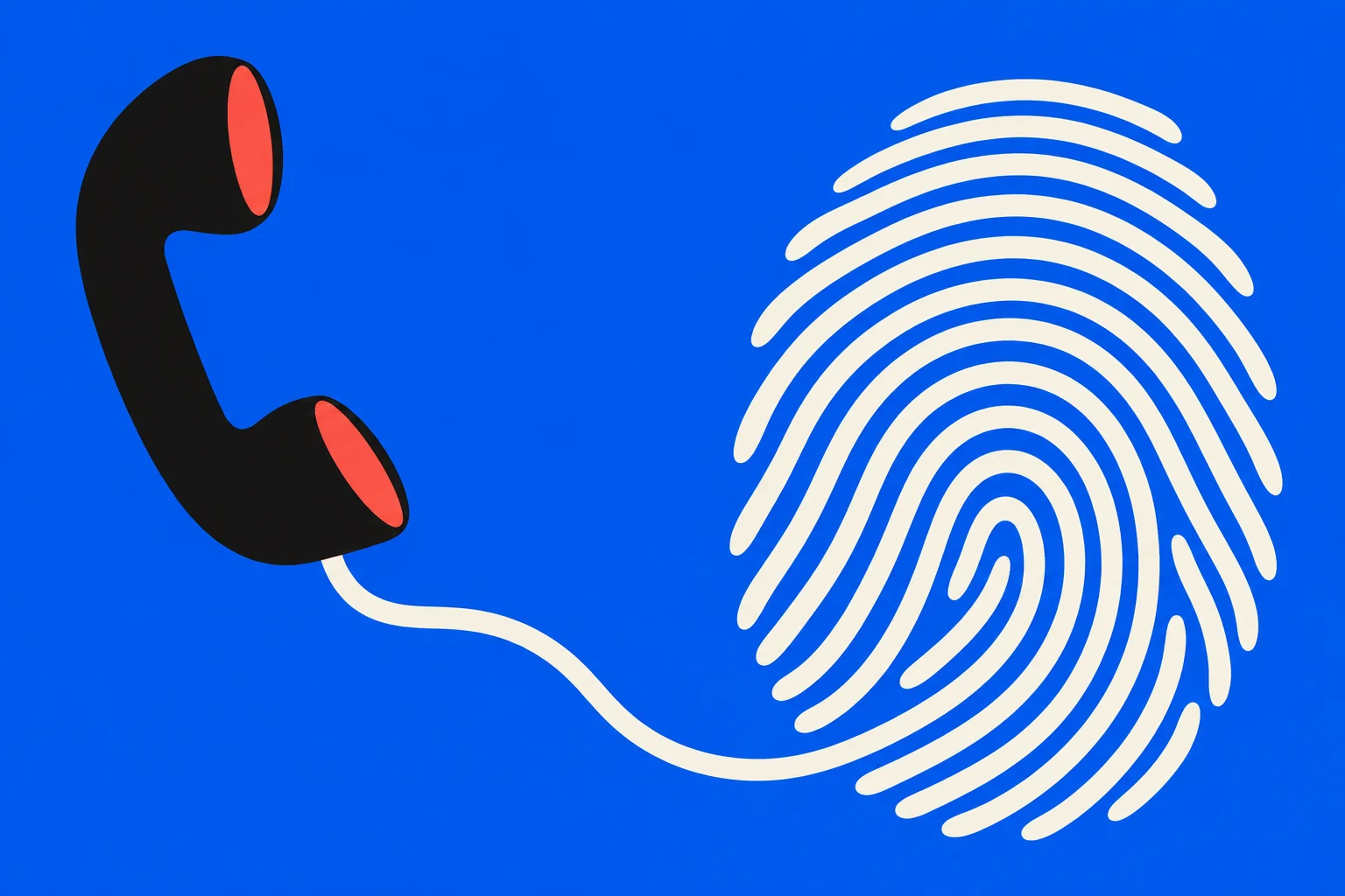 A black telephone handset with red earpieces connects by a cream cord to a large cream fingerprint on a bright blue background.