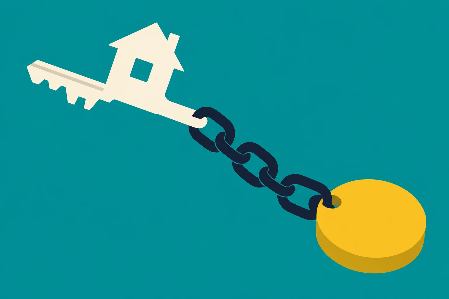 A cream house-shaped key connects through dark chain links to a round yellow key fob against a teal background.