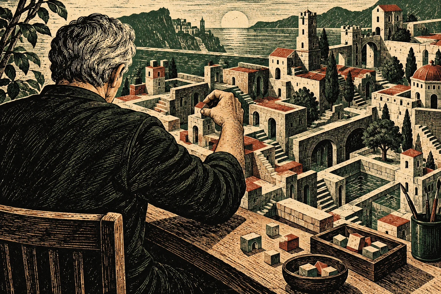 A seated man arranges miniature buildings on a table overlooking a sprawling coastal city of stone towers, arches, stairways, and red roofs in a woodcut-style illustration.