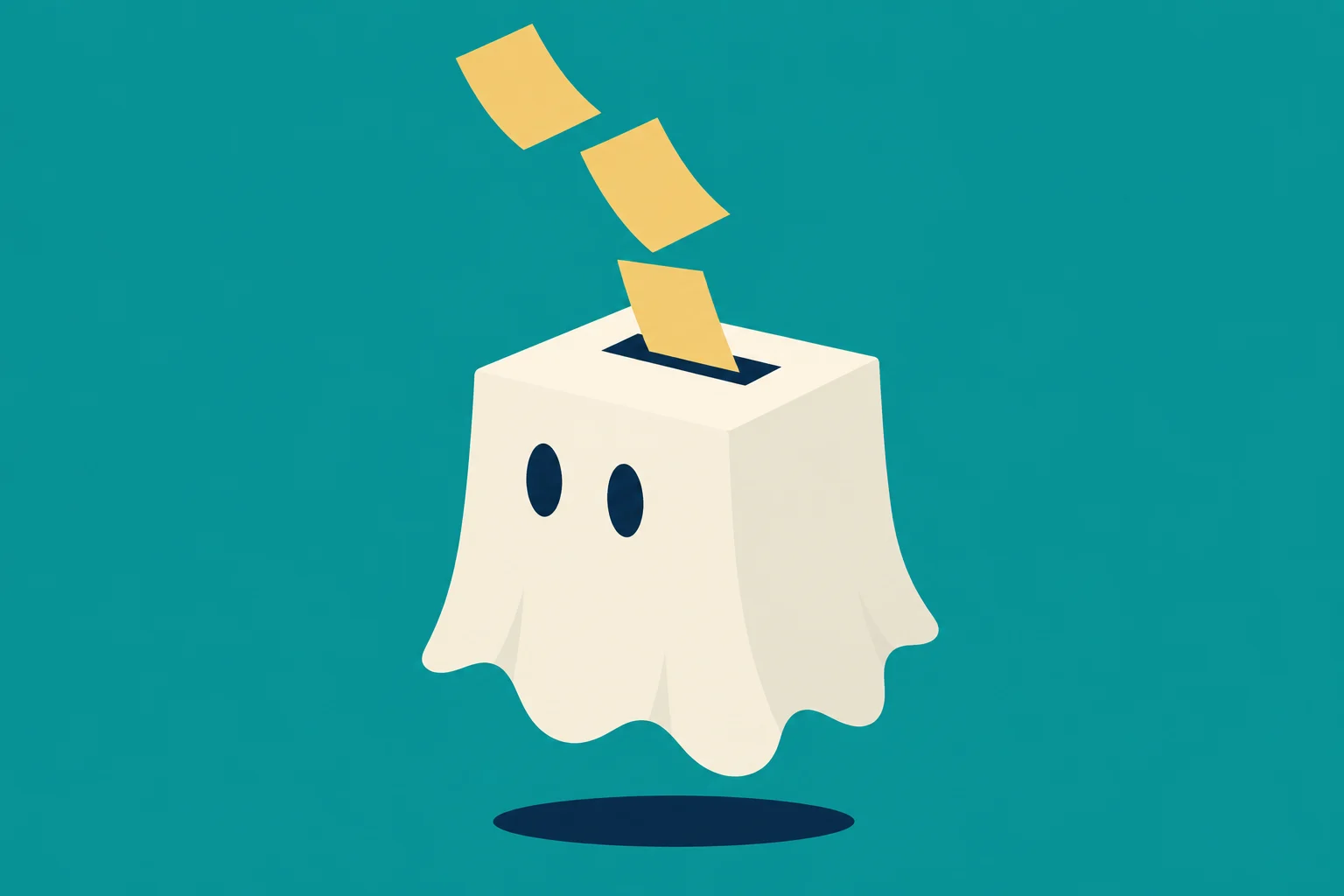 A cream-colored ghost shaped like a ballot box floats above a shadow as three yellow ballots fall toward its slot against a teal background.