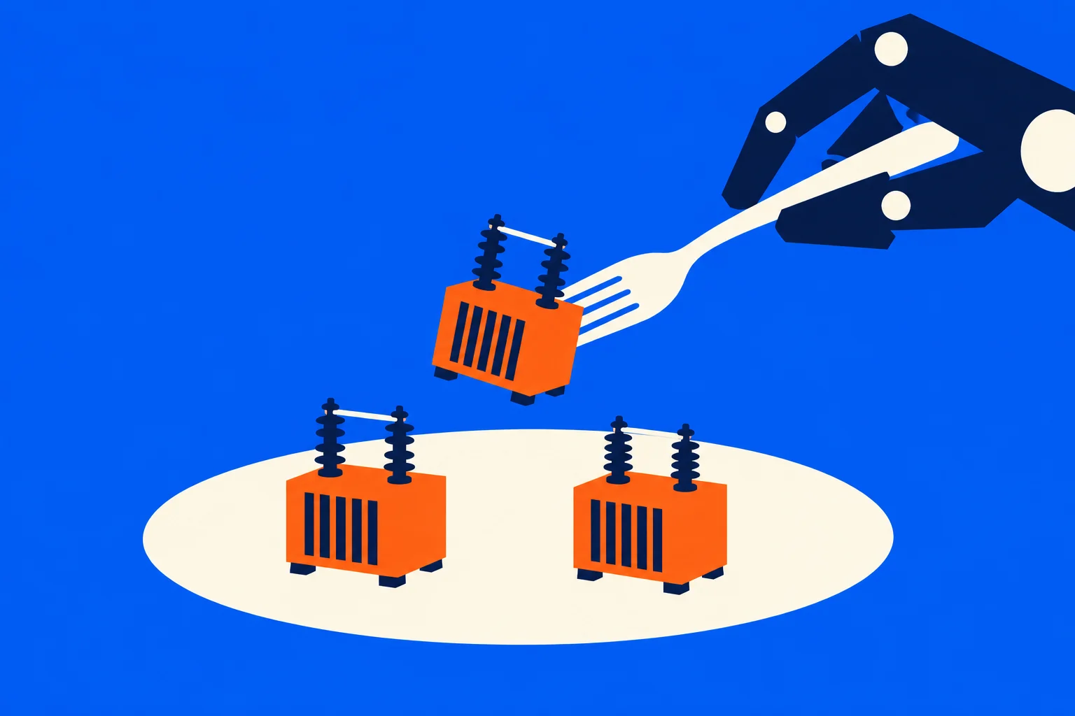 A robotic hand holds a fork lifting an orange electrical transformer above two similar transformers on a cream oval against a blue background.