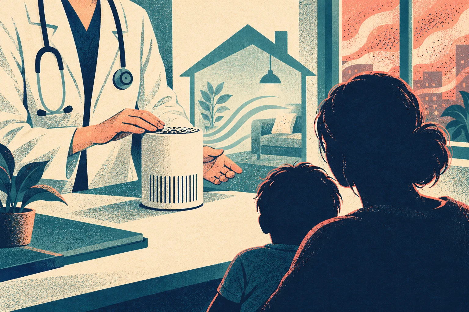 A doctor demonstrates an air purifier to a parent and child, with a healthy home illustration behind them and polluted city air outside.