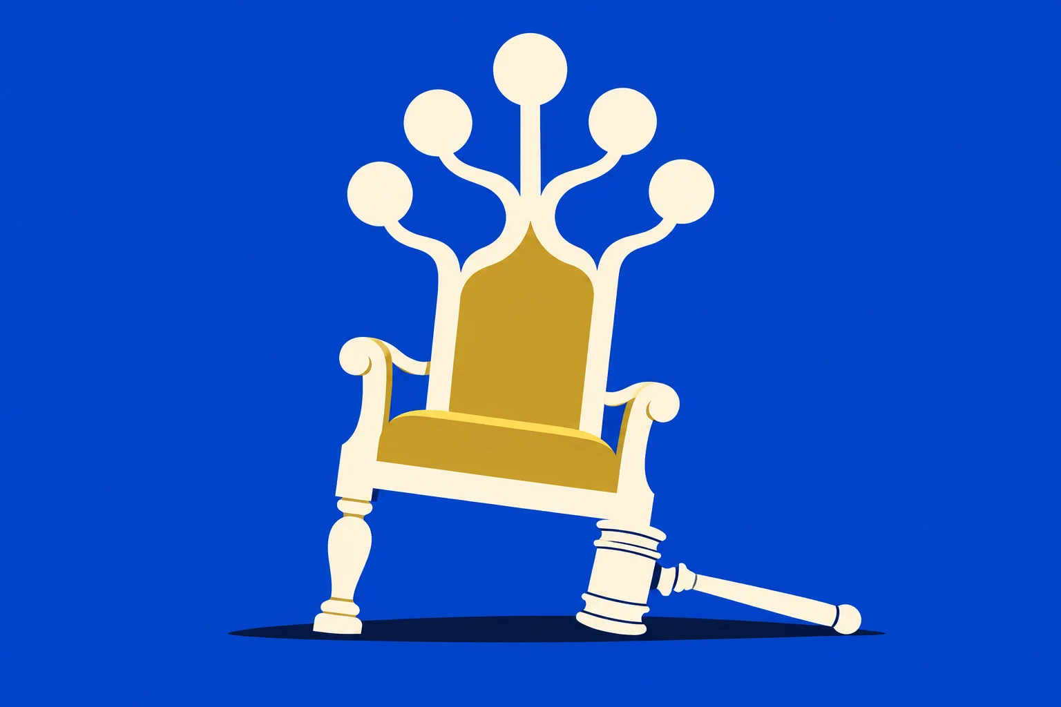 A cream and gold throne with five circular finials stands on a blue background beside a fallen cream gavel.