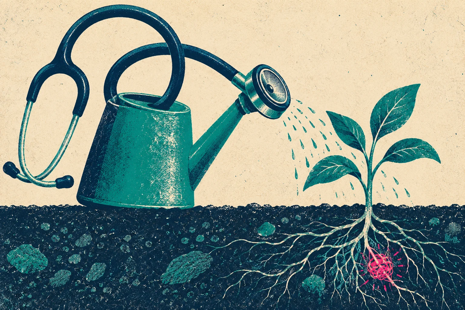 A watering can shaped like a stethoscope waters a leafy plant, whose exposed roots surround a bright pink tangled spot beneath the soil.