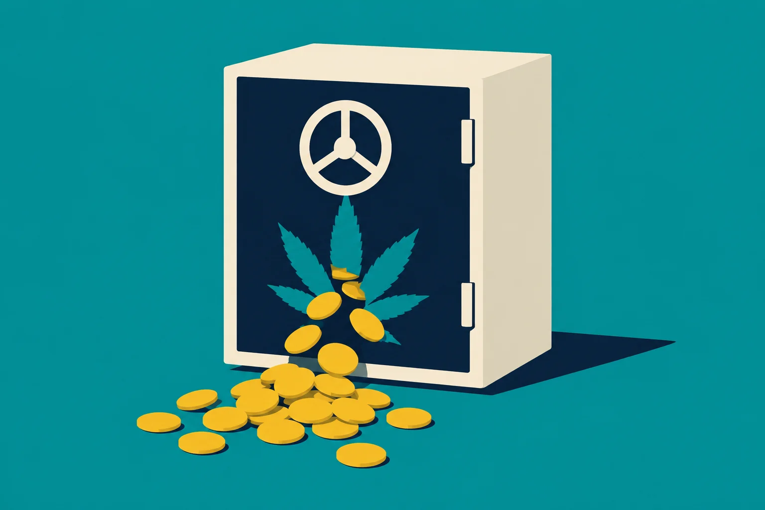 A cream safe with a dark blue door and cannabis leaf design spills gold coins onto a teal surface.