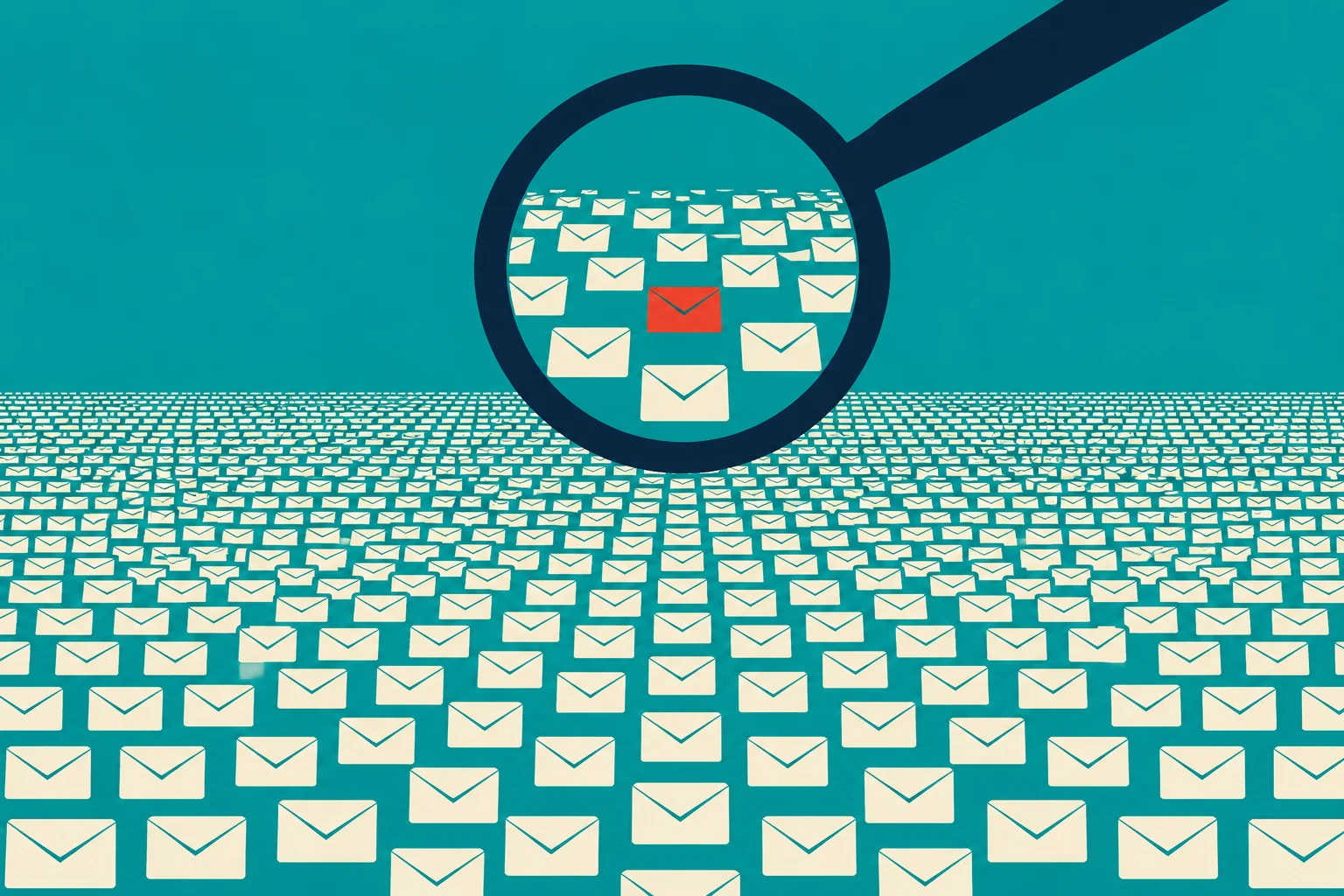 A large magnifying glass highlights a red envelope among many cream envelopes arranged in rows against a teal background.