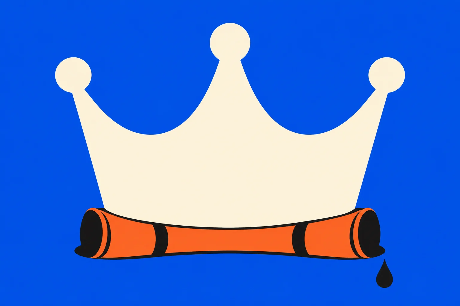 A cream-colored crown sits above an orange and black rolled band on a bright blue background, with a black droplet below its right side.