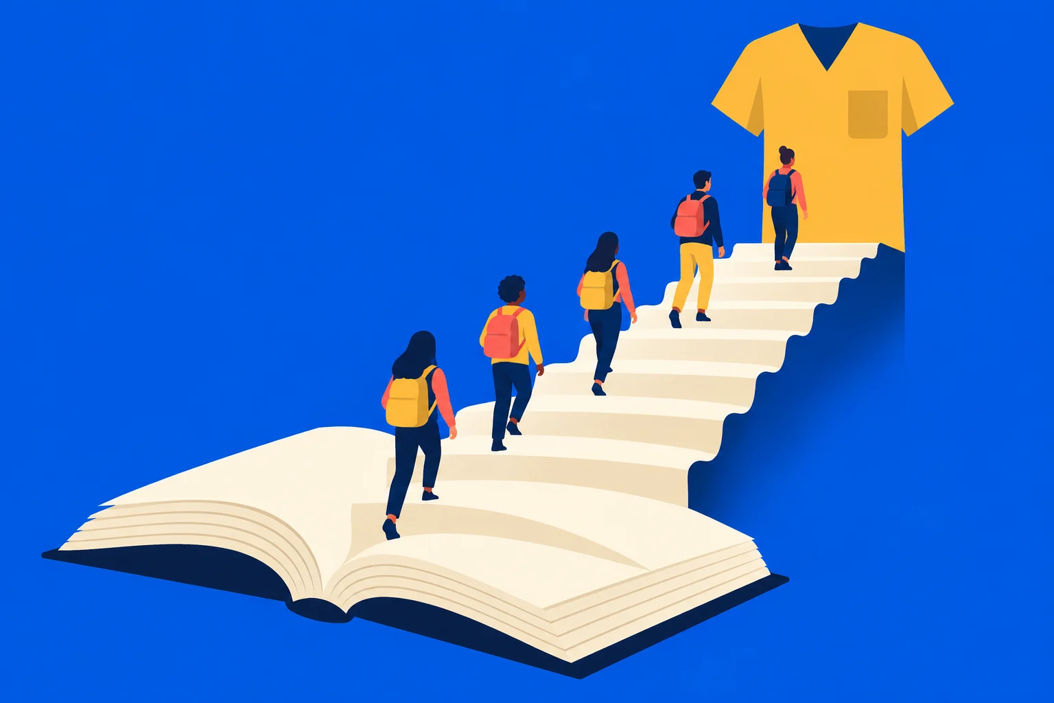 Five students with backpacks climb a staircase rising from an open book toward a giant yellow shirt against a blue background.