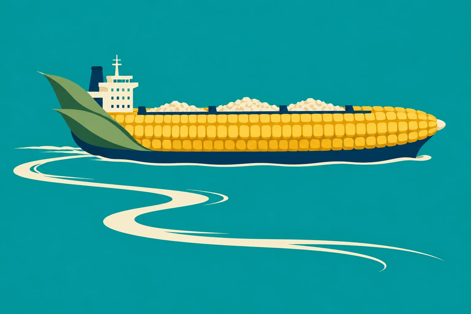 A cargo ship shaped like an ear of corn carries pale grain, with green husk leaves at its stern and a cream wake on teal water.