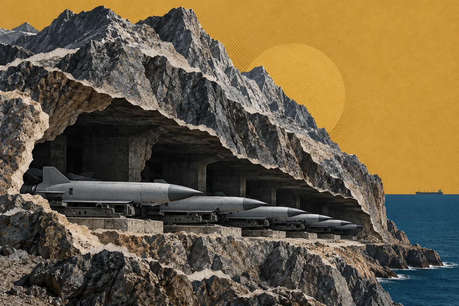 A cutaway rocky coastal mountain reveals rows of missiles inside concrete bunkers, with a ship on the sea beneath a golden sky.
