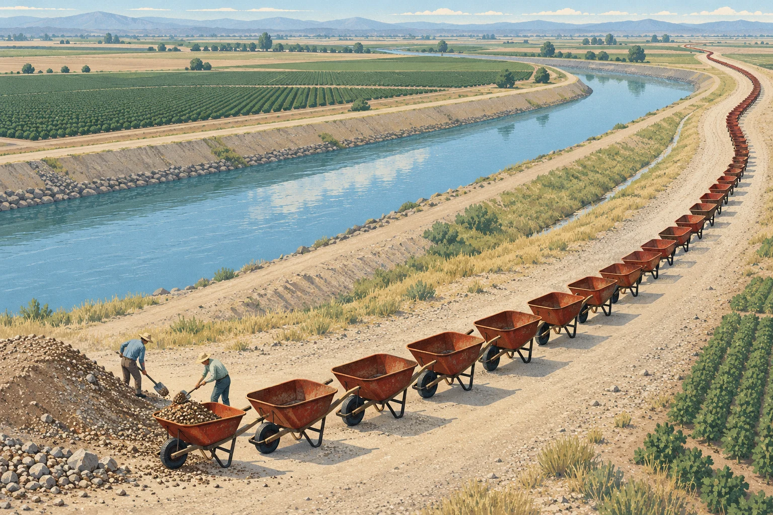 Two workers shovel gravel into a long line of red wheelbarrows beside a wide irrigation canal, with farmland and distant mountains beyond.