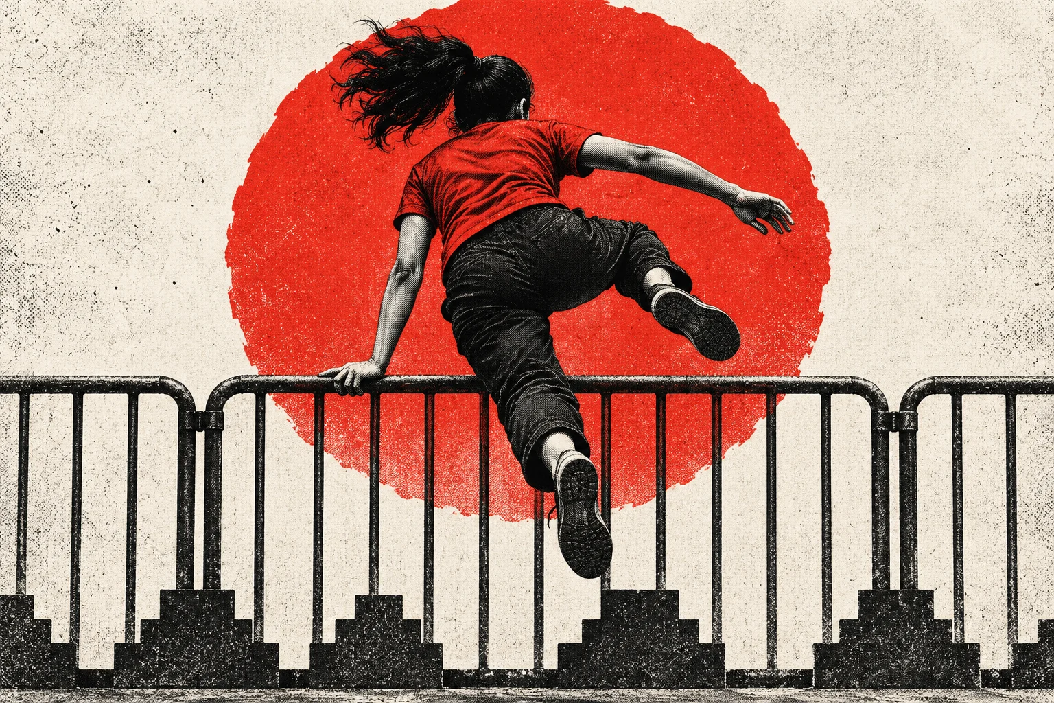 A person in a red shirt vaults over a black metal barrier against a large red circle on a textured cream background.