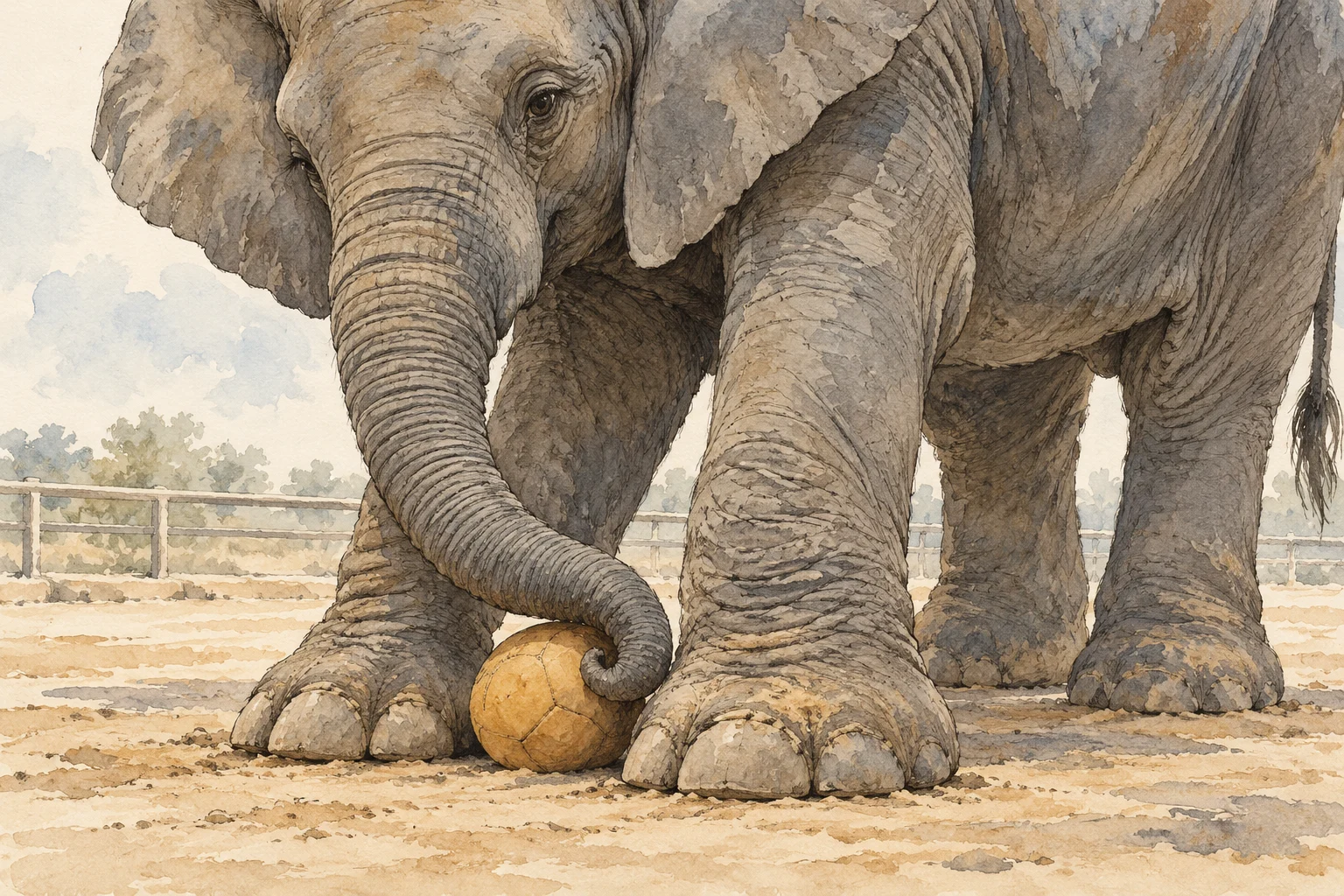 A watercolor elephant curls its trunk around a worn yellow ball between its front feet in a sandy enclosure.
