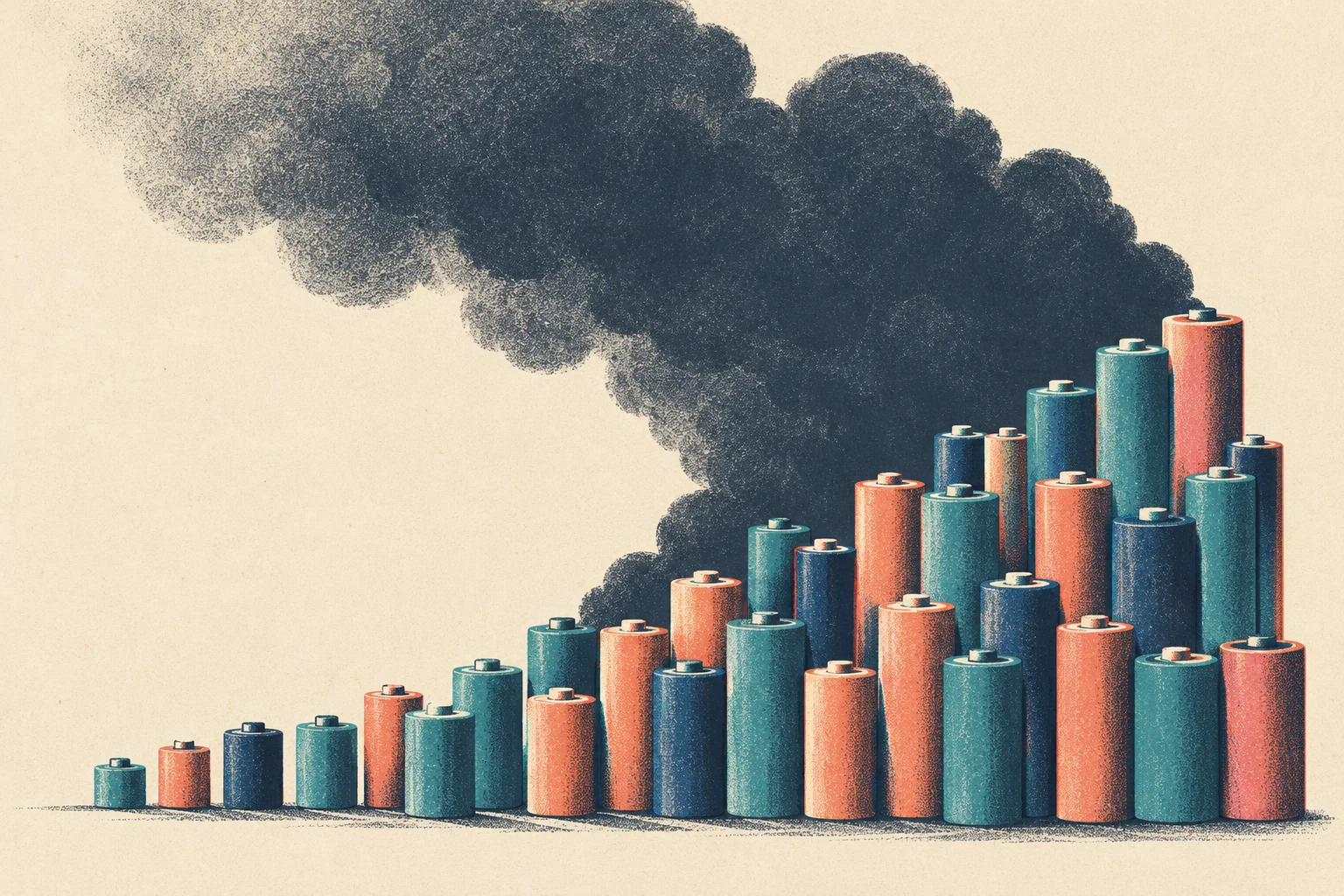 Teal, orange, and navy batteries form an ascending cluster beneath a large cloud of dark smoke on a textured cream background.