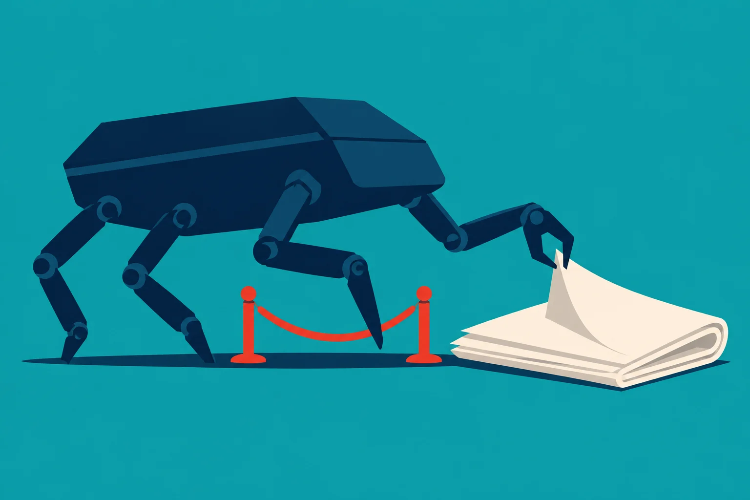 A dark blue robotic insect reaches over a red rope barrier with a claw lifting a page from a folded newspaper on a turquoise background.