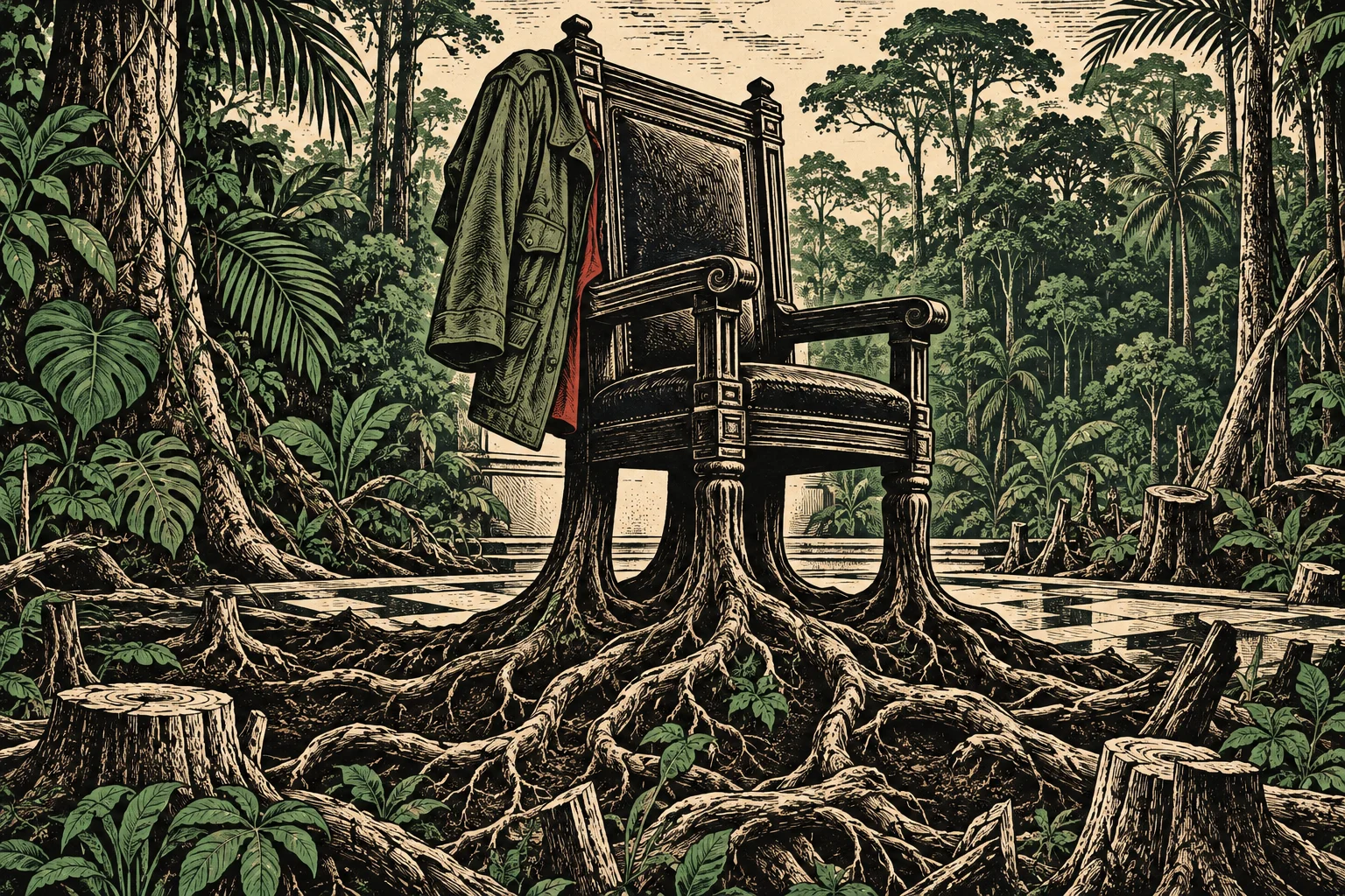 An ornate wooden chair with a green coat draped over it stands on sprawling tree roots amid dense jungle foliage and cut stumps.