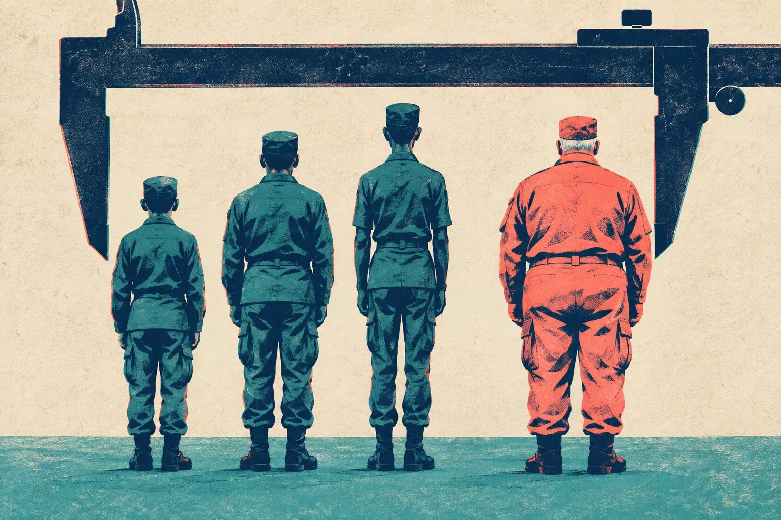 Four uniformed figures of different heights and builds stand with their backs turned beneath a large caliper, with the rightmost figure highlighted in red.