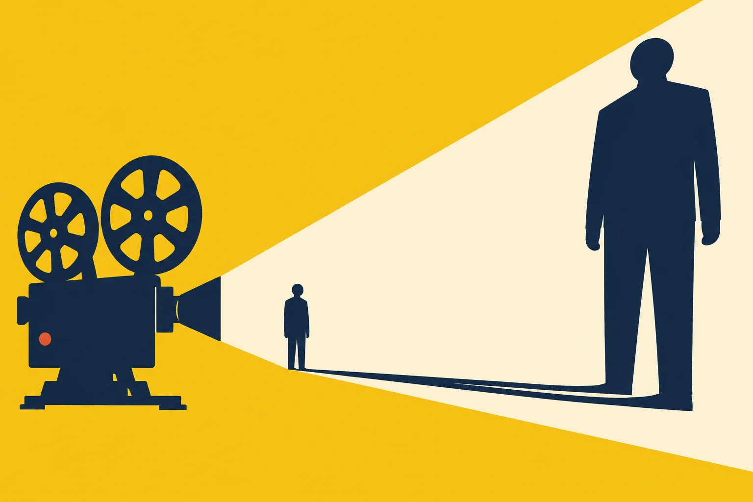 A film projector casts a cream beam across a yellow background, where a small person casts an enormous human-shaped shadow.