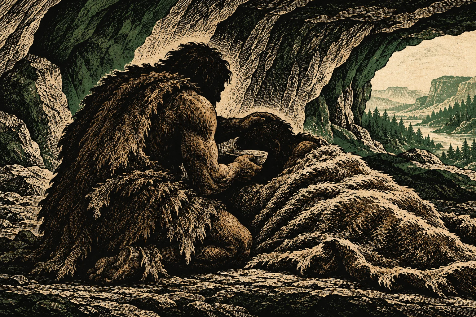 A prehistoric person wearing animal furs tends to someone lying beneath a fur covering inside a rocky cave overlooking a forested river valley.