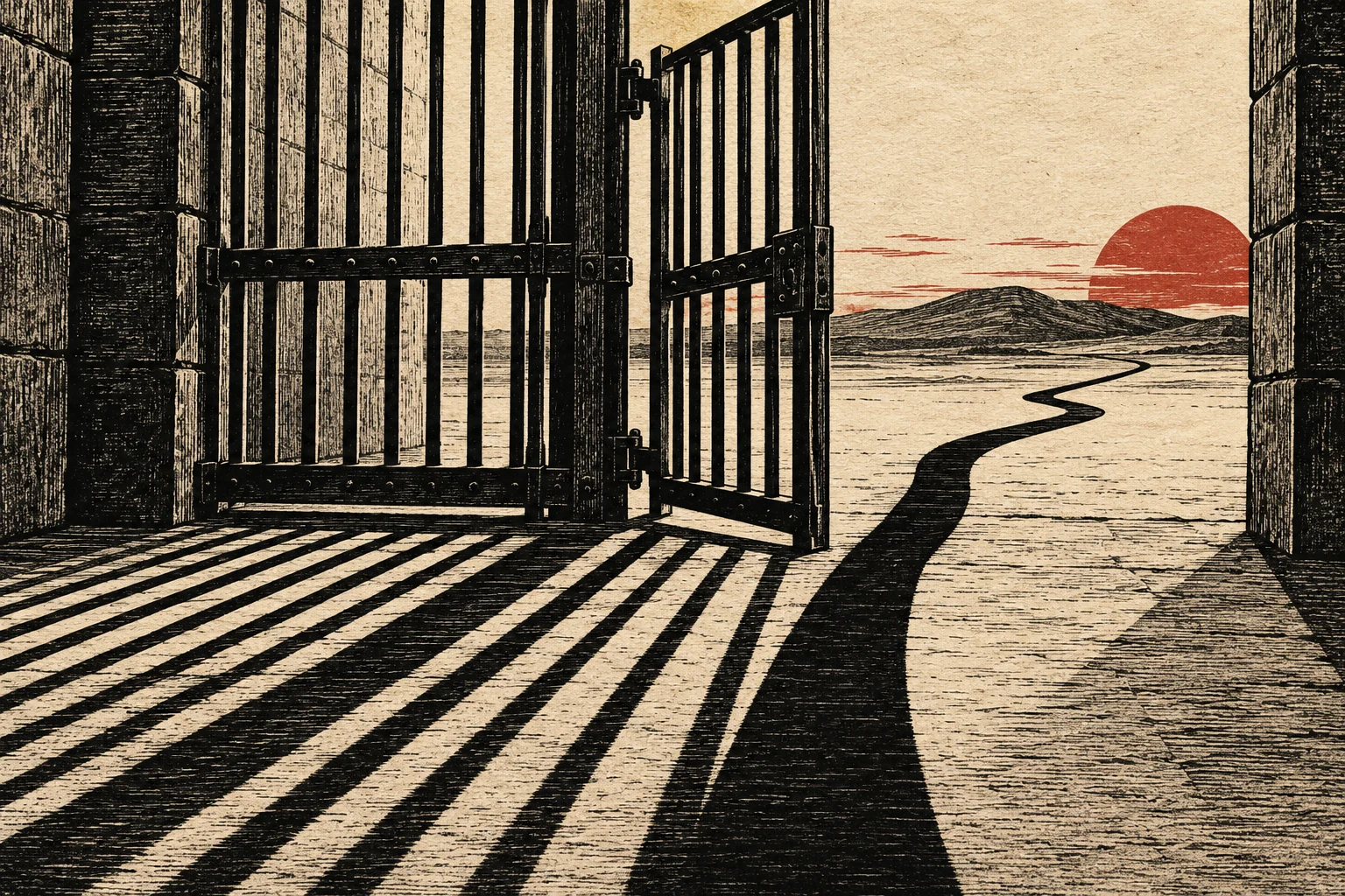 An open iron gate casts long striped shadows across a desert, where a winding dark path leads toward distant hills beneath a red setting sun.