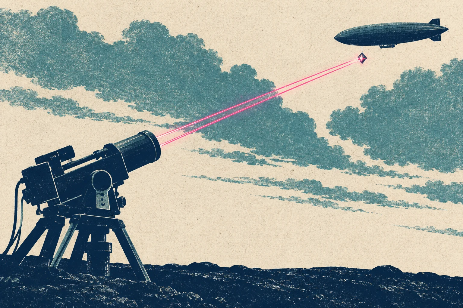 A vintage-style illustration shows a tripod-mounted device projecting pink laser beams toward a prism suspended beneath a zeppelin in a cloudy sky.